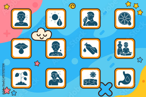 Dehydration set icon. Tired face, sun and drop, drinking water, citrus slice, dry lips, chest pain, pouring bottle, yoga with water, wilted plant, headache, cracked ground, stomach dryness