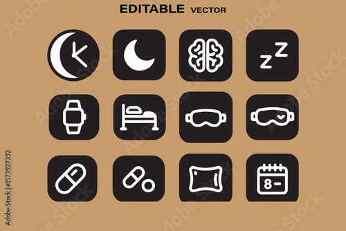 Collection of editable vector icons representing sleep health and wellness including a clock moon brain sleep symbol smartwatch bed goggles pills pillow and calendar