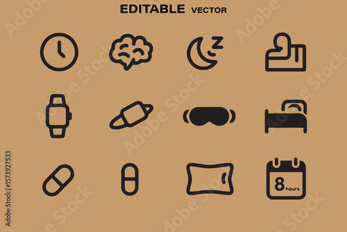 Collection of simple black line art icons representing sleep health and wellness on a tan background