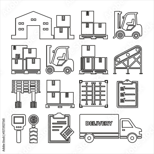 Warehouse logistics and delivery icons boxes pallets