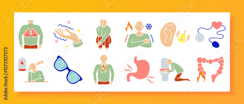 Internal symptoms set icon. Stomach pain, nausea, dizziness, heart rate, skin heat, shaky hands, digestive issues, visual disturbance, chest tightness, and body-based sensory stress visuals.