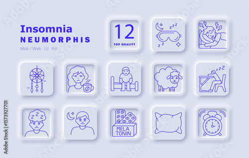 Insomnia set icon. Displays pillow, sleep mask, alarm clock, drowsy face, melatonin, caffeine mug, moon with person, sleeping at desk, counting sheep, restless sleep, bed sitting, dreamcatcher