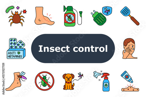 Insect control set icon. Ticks, foot rash, repellents, electric diffuser, mosquito net, antihistamine, itching, forbidden bug sign, pet protection, insecticide, rash treatment, allergic face.