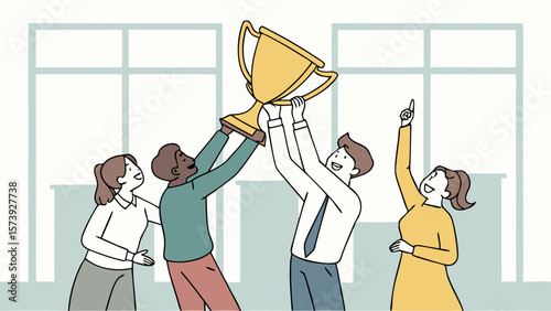 Vector joyful colleagues are collaboratively lifting trophy in celebration of their success