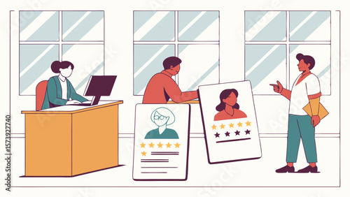 Vector Four people are reviewing candidate profiles displayed in office setting