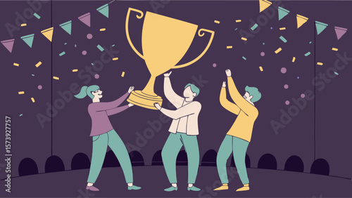 Vector Celebrating victory, three people joyfully lift large golden trophy together