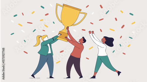 Vector Celebrating victory, three people joyfully lift large golden trophy amidst colorful confetti