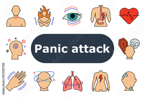 Panic attack set icon. Energy loss, confusion, chest fire, stomach tension, vomiting, heart rate, gut burn, lungs, shaking hands, fear, heat, ear ringing, breath problems, anxiety.