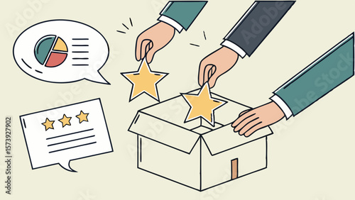 Vector Hands in business suits placing stars into box, symbolizing success and evaluation