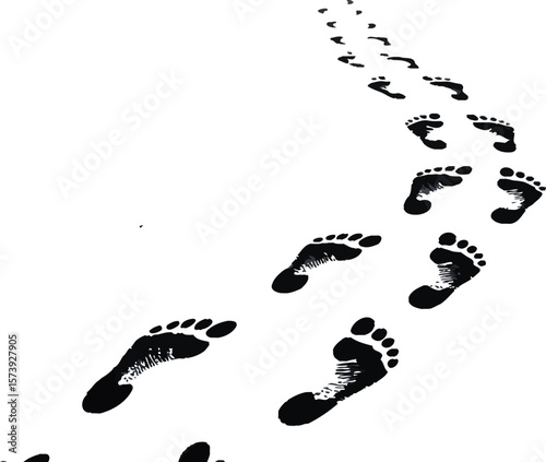 Black footprints leading away with the words follow me on a white background in a studio shot view