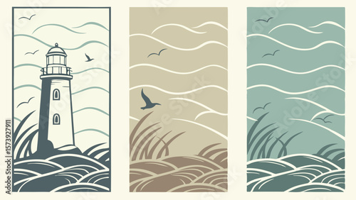 Vector Lighthouse artwork features three panels with textured waves and birds, evoking tranquility