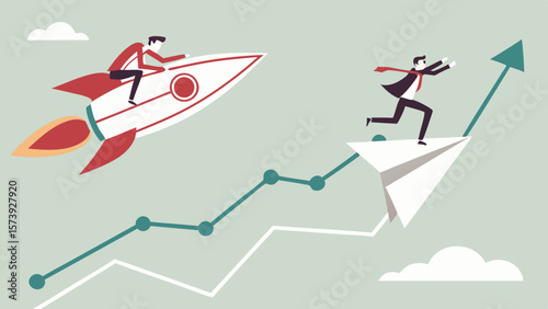 Vector Businessmen on rocket and paper plane symbolize growth and ambition in competitive landscape