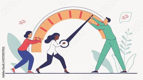 Vector Three individuals collaboratively push large indicator, showcasing teamwork and effort