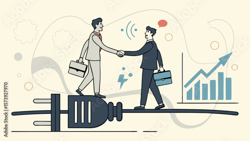 Vector Two businessmen shake hands on power cord, symbolizing partnership and growth