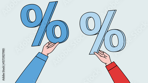 Vector Hands holding percentage symbols in blue and red colors, symbolizing finance and comparison