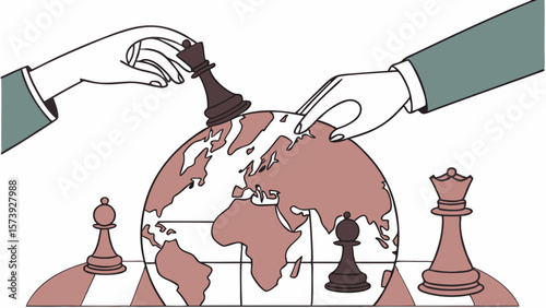 Vector Manipulating chess pieces on globe symbolizes strategic thinking and global competition