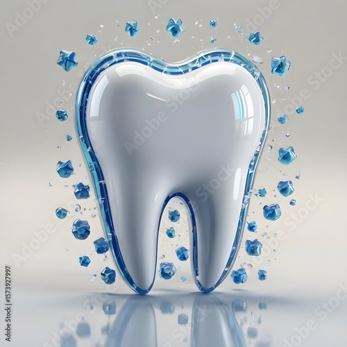 3D render of a white tooth placed on a glossy surface with soft reflections, surrounded by floating hygiene symbols like shield, sparkle, and plus sign icons,Generative Ai
