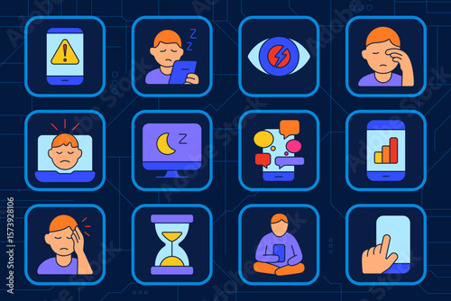 Screen addiction set icon. Smartphone alert, bedtime scroll, dry eye, digital fatigue, sad video, late night monitor, chat overload, phone stats, headache, time loss, couch browsing, touch obsession.