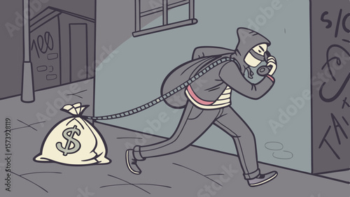Vector Thief is running away with bag of money, showcasing sense of urgency and stealth