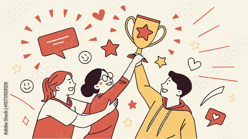 Vector Celebration of teamwork and achievement with trophy in hand, showcasing joy and excitement