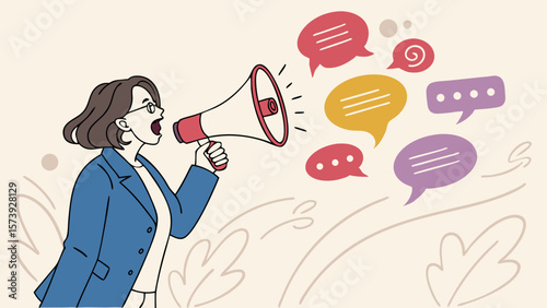 Vector Businesswoman speaking through megaphone with colorful speech bubbles, representing communication, leadership, marketing, feedback, and public relations.