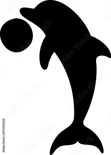 Dolphin jumping with ball silhouette in playful motion, showing aquatic animal energy and dynamic movement in black shape