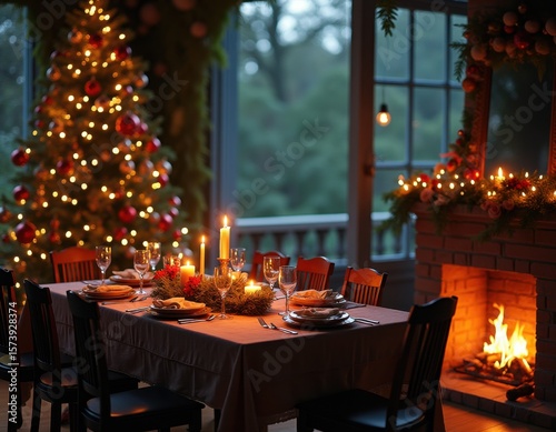 Holiday table with christmas tree and fireplace  with copy space dreamlike imagery subconscious exploration bending reality imaginative narratives juxtaposing elements evoking wonder and awe tr