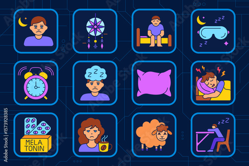 Sleep issues set icon. Sad night face, dreamcatcher, sitting on bed, sleep mask, alarm clock, brain cloud, pillow, bad dreams, melatonin, coffee, sheep, sleep at desk.