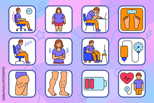 Sedentary lifestyle set icon. Includes chair pain, overweight body, computer desk, weighing scale, IV, blood pressure, cellulite, energy drain, heartbeat, sleep, digestion issue