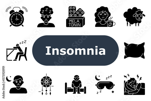 Insomnia set icon. Alarm clock, sleepless person, melatonin, sad face, sheep, pillow, drowsiness, moon, dreamcatcher, sitting in bed, sleep mask, disturbed sleep, bedtime issue.