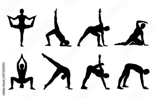 Elegant yoga silhouette collection showcasing diverse yoga postures emphasizing harmony, strength, and inner peace, ideal for health, fitness, spiritual, and mindfulness-themed creative artwork.

