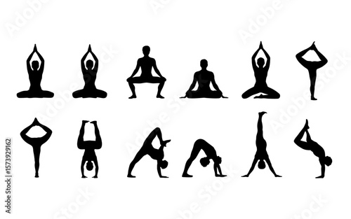 Minimalistic yoga silhouette designs featuring yoga practitioners in peaceful, balanced poses, perfect for promoting mindfulness, healthy living, meditation practices, wellness retreats, and fitness s