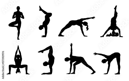  Dynamic yoga silhouette images capturing the essence of calm and strength through classic yoga poses, suitable for fitness branding, wellness campaigns, meditation guides, and inspirational content.
