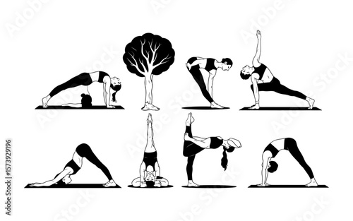  Beautiful yoga silhouette visuals highlighting body movement and mental focus through serene yoga poses, ideal for yoga studios, wellness apps, fitness marketing, meditation workshops, and holistic h