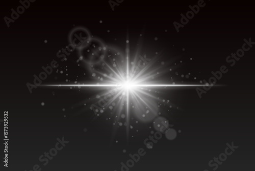Radiating white burst with glowing particles and lens reflections. Soft sparkle light for cinematic magic or special effects.