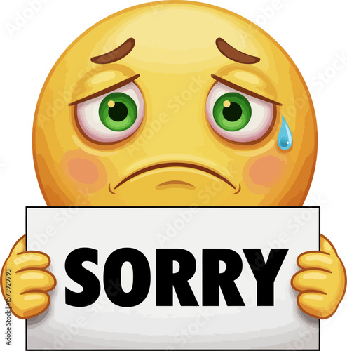 An apologetic emoji expresses sadness while holding a sorry sign with a tear on its face, conveying emotion