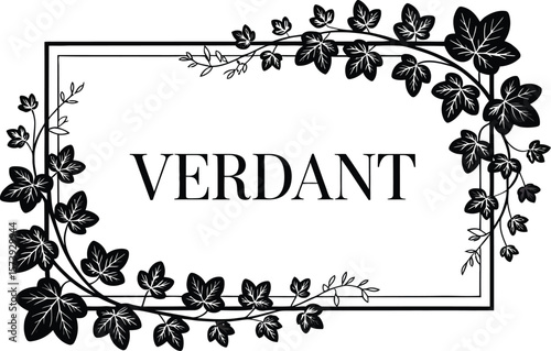 Verdant text inside a rectangular frame decorated with black leaf and branch patterns on a white background