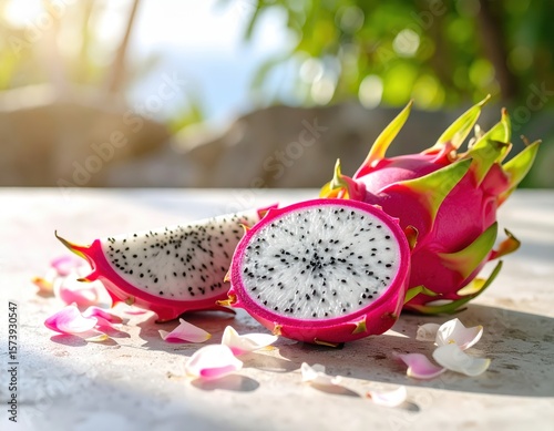 Vibrant Dragon Fruit with Pink Skin and White Flesh Surrounded by Petals