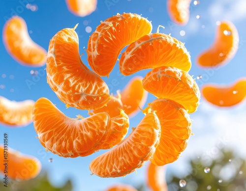 Vibrant Orange Citrus Segments Floating Against a Bright Sky