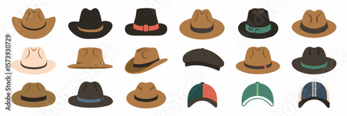 Hand-drawn vector icons of assorted classic and casual hats