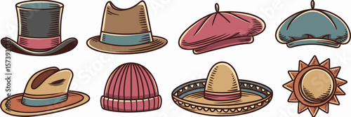 Whimsical hand-drawn vector hats with vintage charm