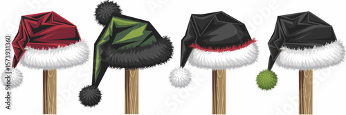 Decorative Christmas hats with fur trim and pom-poms – Great for product packaging, gift labels, or winter-themed printables.