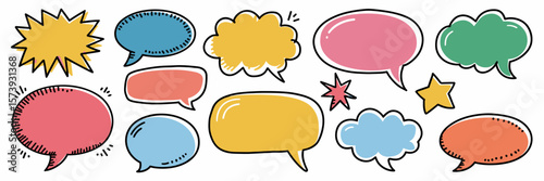 Doodle speech bubble icons in various shapes and styles on white