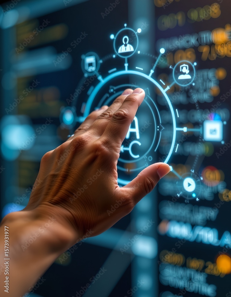 Fototapeta premium macro front icon showing human hand activating smart ai system with data overlay.