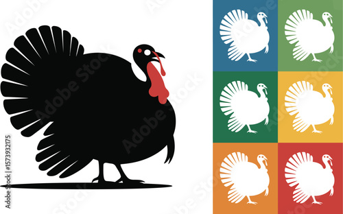 A graphic illustration featuring a black turkey silhouette and multiple white turkeys on squares