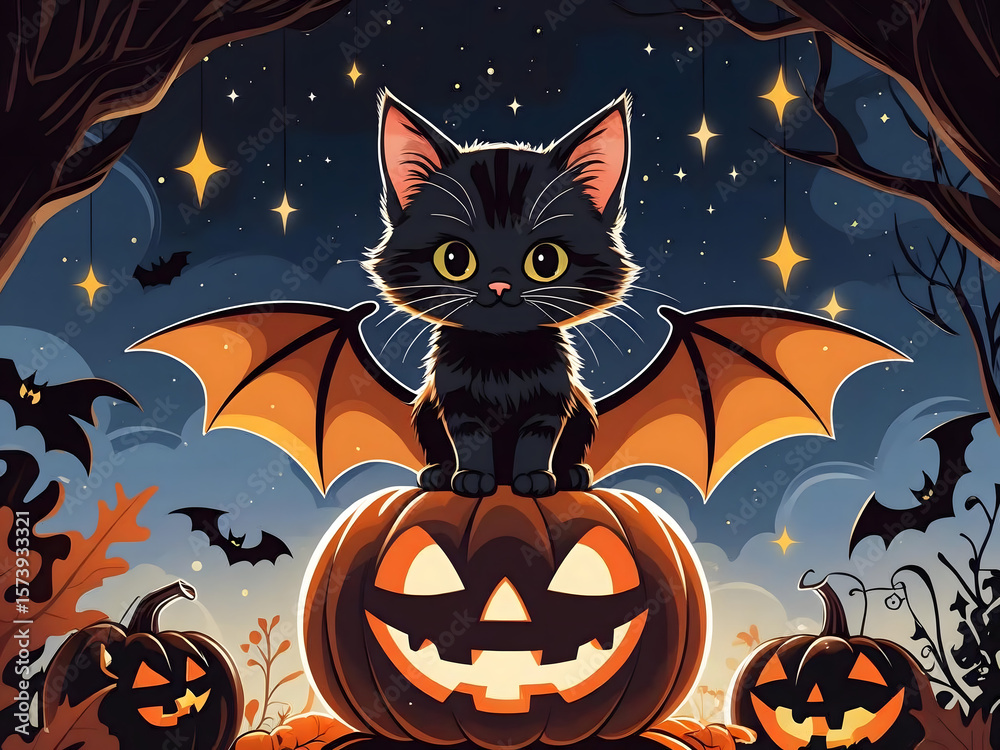 Black Kitten with Jack-O'-Lantern in Halloween Graveyard Scene Black Kitten with Jack-O'-Lantern in Halloween Graveyard Scene