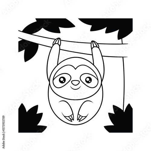 Sleepy Cartoon Sloth Hanging from a Branch