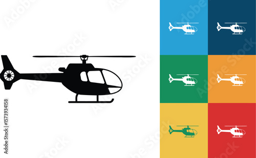 A graphic representation of a helicopter in black and white with a colorful background design element