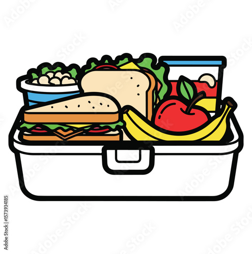 A generously packed lunch box line art, featuring sandwiches, apple, banana, and side dishes.