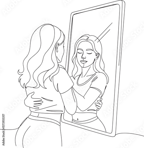 Black line art drawing of a woman embracing her reflection in a mirror, showing self-care.